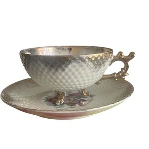 Vintage Lusterware Footed Teacup & Saucer Textured Floral Pearlized Lusture
